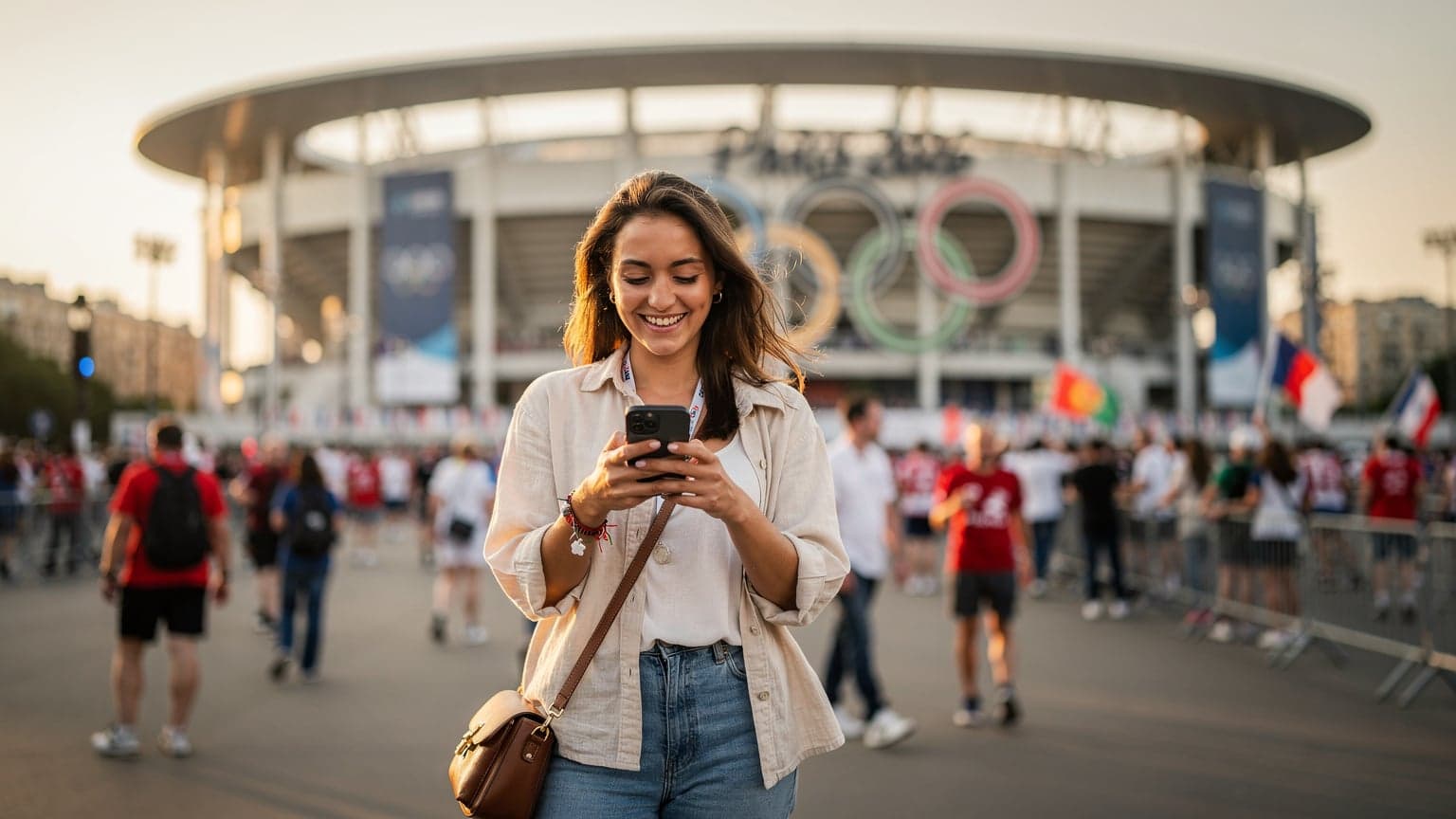 Une femme souriante consulte son téléphone à l'extérieur du Stade de France, avec des anneaux olympiques flous en arrière-plan, lors des Jeux de Paris 2026.