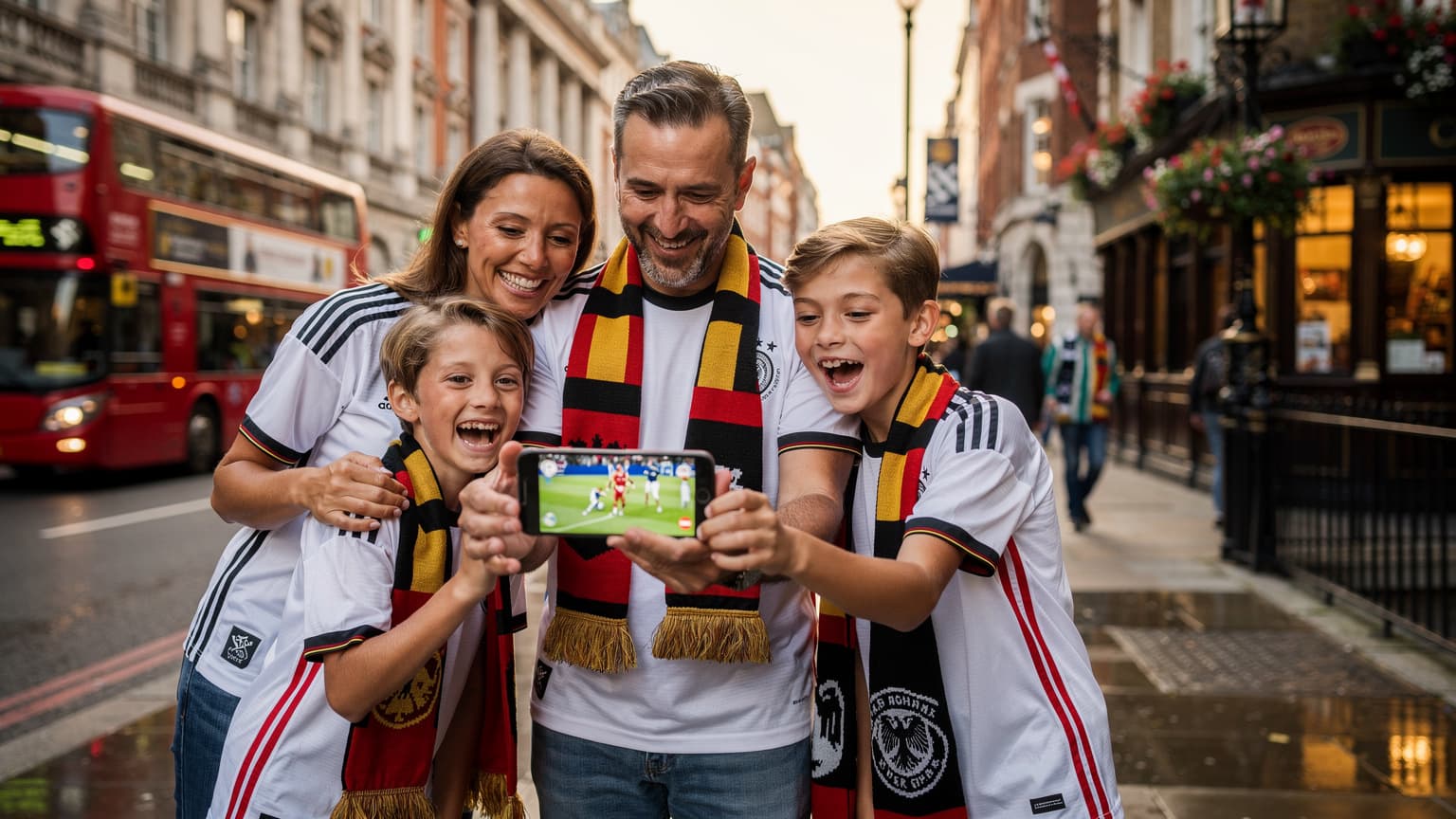 Eine deutsche Familie, Eltern und zwei Kinder im Teenageralter, alle tragen Trikots und Schals, lächeln auf einer belebten Straße in London, im Hintergrund sind typisch britische rote Busse und ein Pub zu sehen. Die Familie schaut begeistert auf ein Smartphone, das ein Fußballspiel anzeigt.