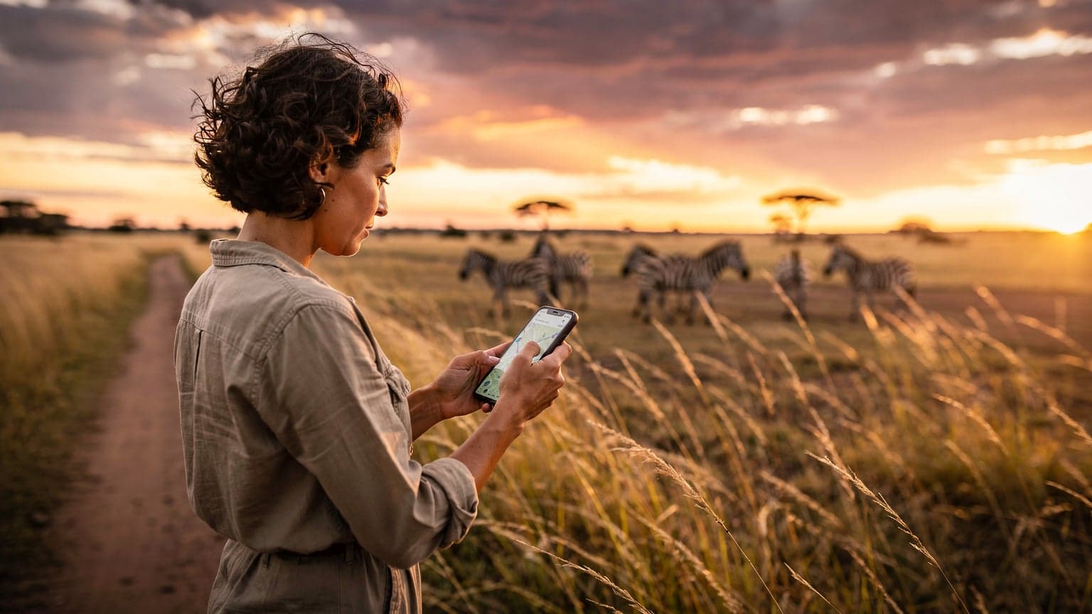 A woman holding a smartphone, looking at a map app, with a herd of zebras grazing in the background under a vast African sky during golden hour.