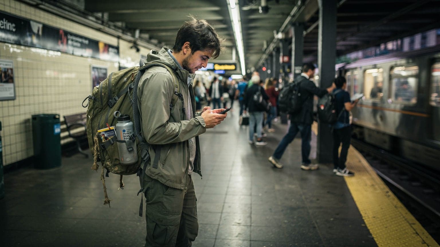 A budget backpacker navigating a busy New York City subway platform, looking at their phone for directions with a backpack on and a focused expression.