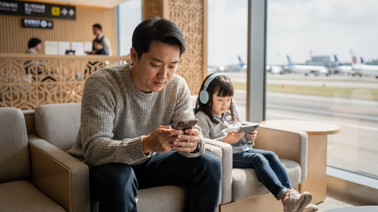 추석 연휴 해외여행 중, 한 아버지가 공항 라운지에서 태블릿을 사용하는 아이 옆에서 스마트폰으로 eSIM 설정을 확인하는 모습.