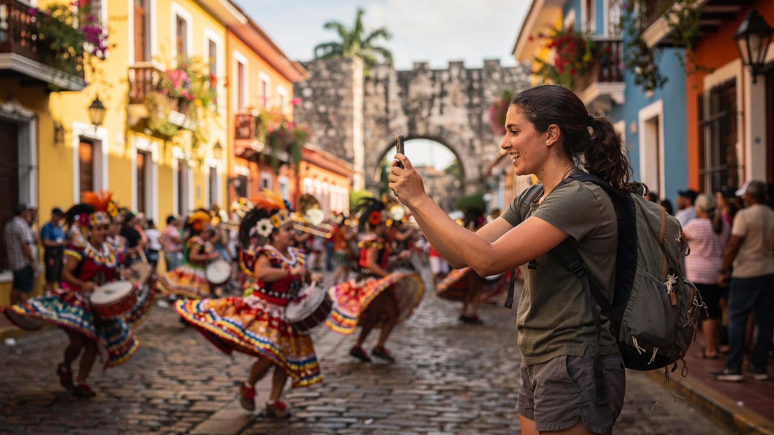 Una viajera joven y sonriente capturando un desfile vibrante en el centro histórico de Cartagena, Colombia, durante las celebraciones de independencia.