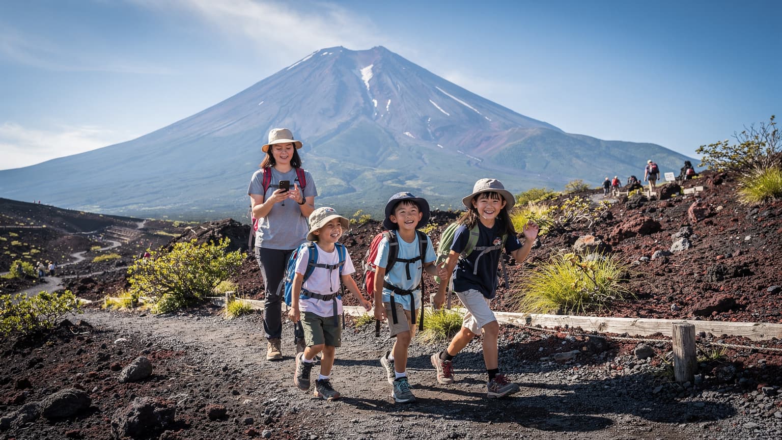 富士山を背景に、トレッキングポールを持ち、笑顔で親子が山道を歩いている様子。子どもはリュックを背負い、親はスマートフォンで地図を確認している。