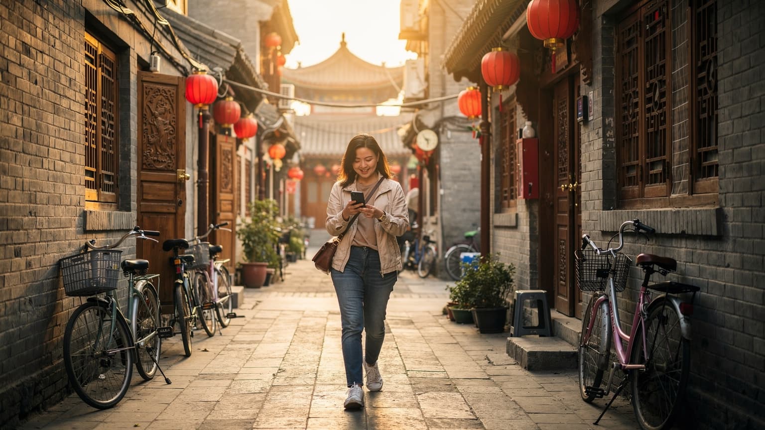 Một phụ nữ Việt Nam đang sử dụng điện thoại thông minh của mình để điều hướng qua một con hẻm truyền thống ở khu Hutong, Bắc Kinh, với những ngôi nhà mái ngói cổ kính và đèn lồng đỏ treo cao.
