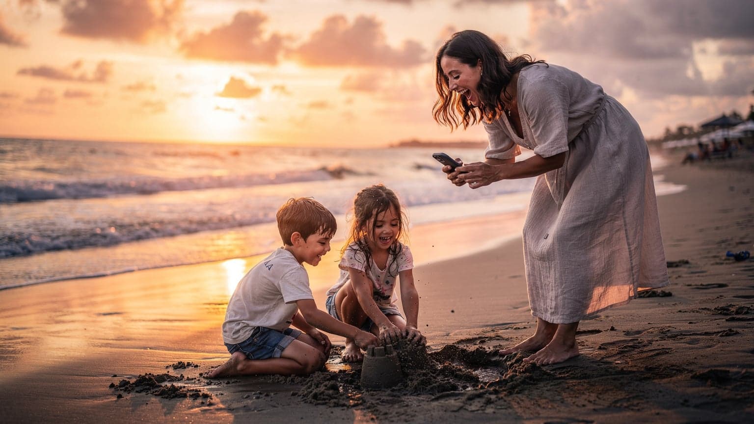Seorang ibu tersenyum bahagia memegang ponsel dengan latar belakang pantai Kuta yang ramai saat matahari terbenam, dikelilingi anak-anaknya yang asyik bermain pasir.