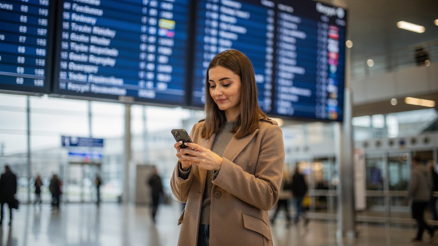 Українка в аеропорту Бориспіль готується до подорожі, перевіряючи свій смартфон із встановленою eSIM, на тлі табло вильотів.