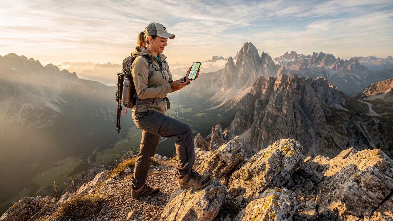 En kvinne med ryggsekk og gåstaver står på en fjelltopp i de italienske Dolomittene ved soloppgang, med en smarttelefon i hånden som viser et kart.