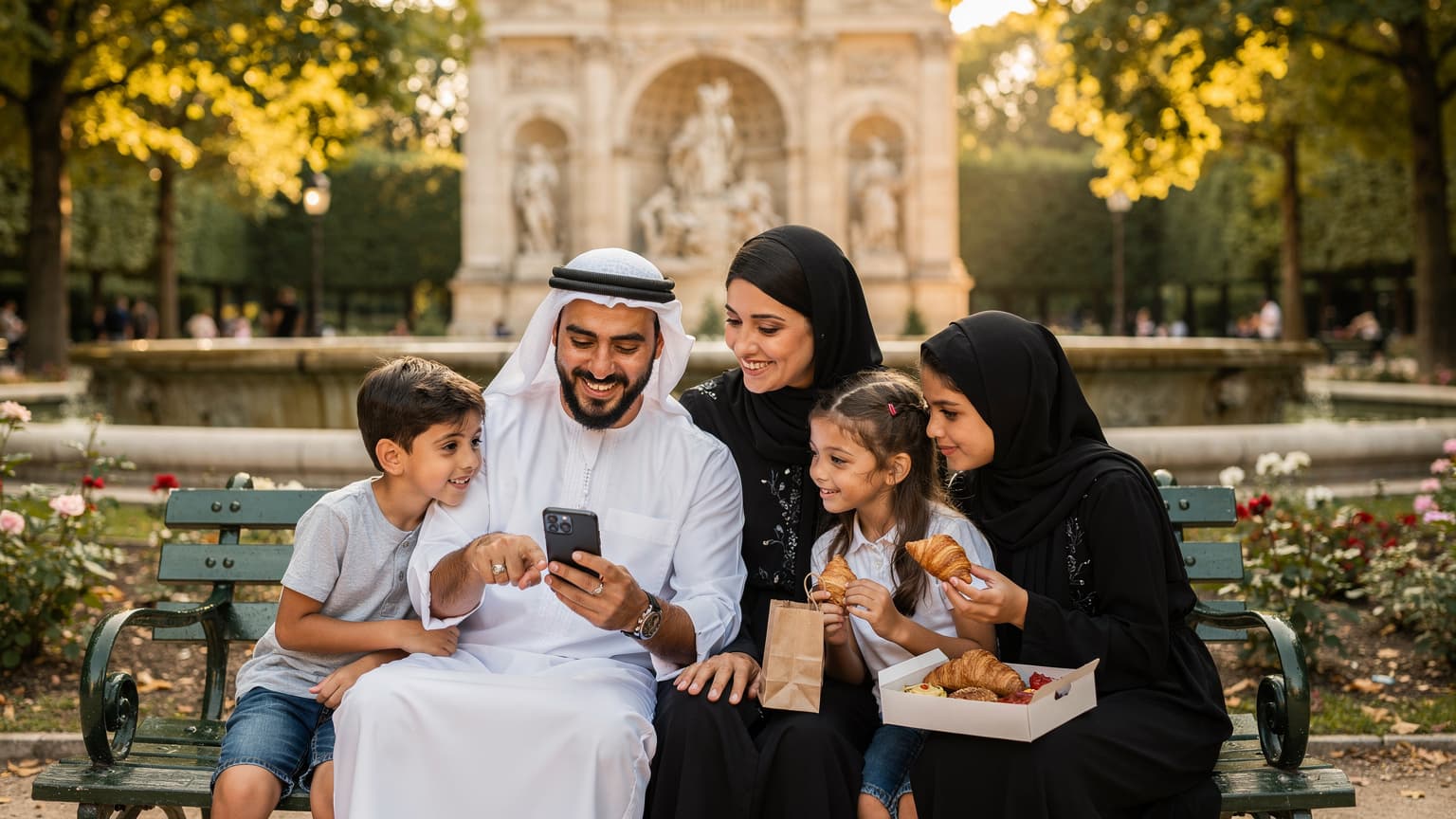 عائلة خليجية سعيدة, أب وأم وطفلان، ينظرون إلى هاتف ذكي في يد الأب داخل حديقة لوكسمبورغ في باريس، بينما يستمتعون بوجبة خفيفة بعد الظهر.