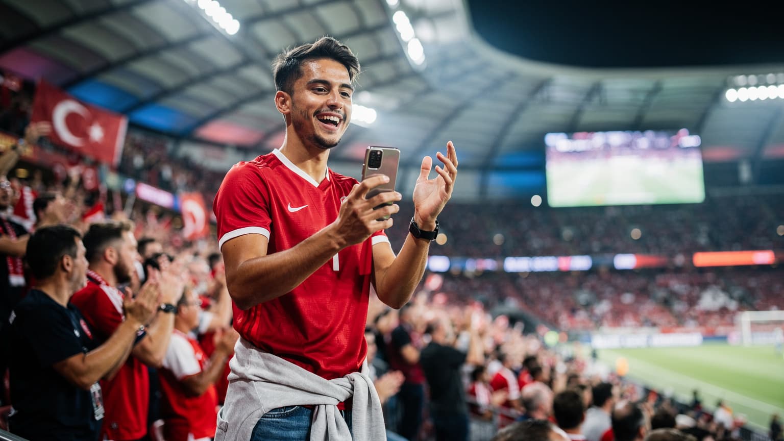 Almanya'daki bir stadyumun tribününden, elinde akıllı telefonuyla Euro 2026 maçını çeken genç bir Türk taraftarın coşkulu anı. Arka planda sahayı ve diğer taraftarları gösteren geniş açılı bir fotoğraf.