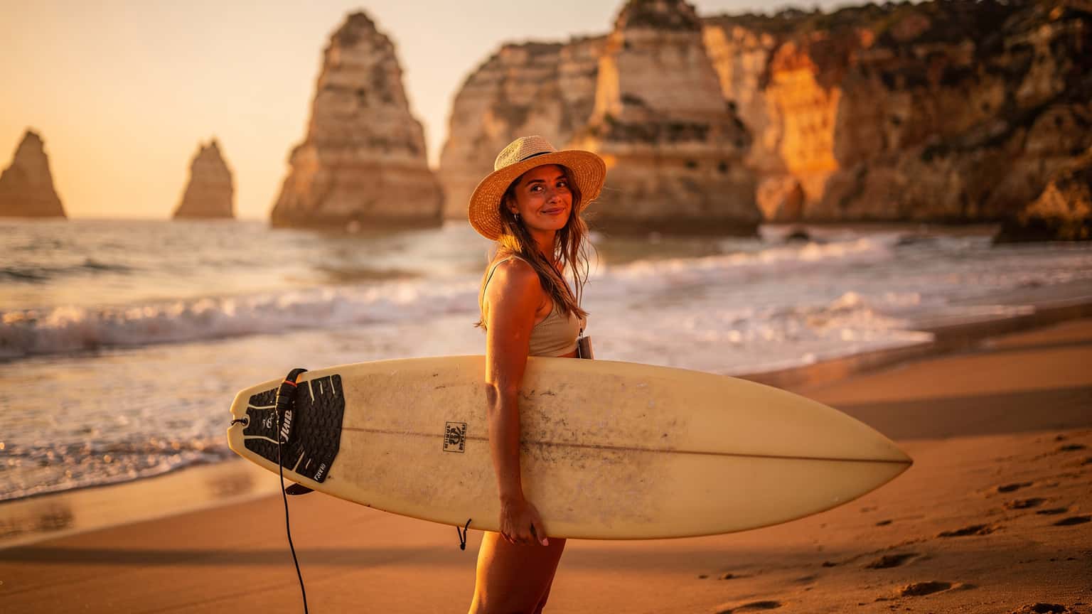 Eine junge Frau mit Sonnenhut und Surfbrett unter dem Arm blickt auf den goldenen Sandstrand von Praia da Marinha an der Algarve, während die Sonne langsam am Horizont versinkt.