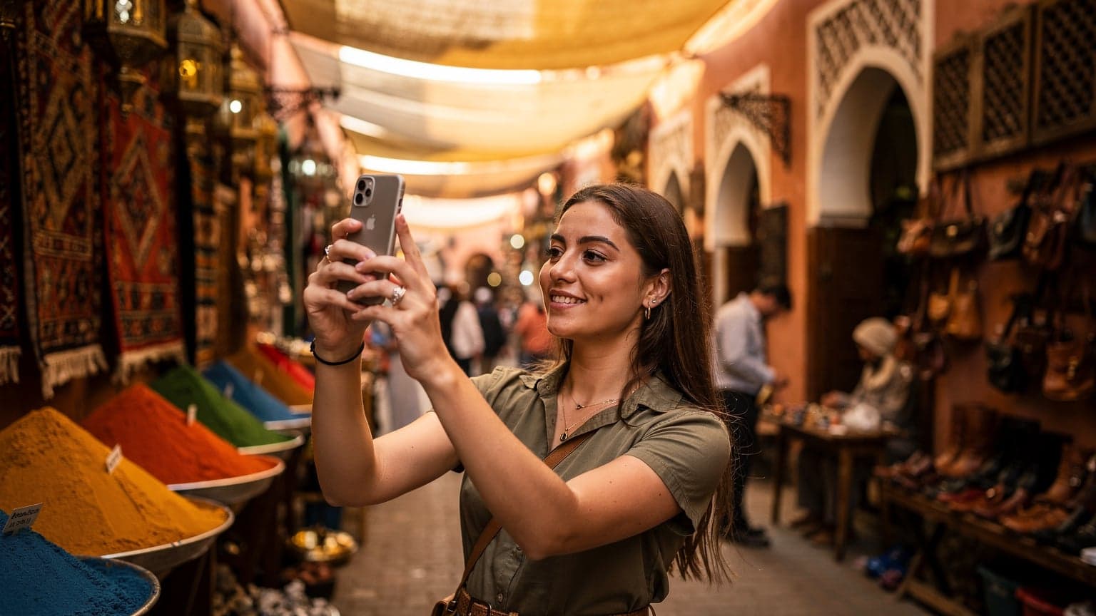 En ung kvinde med en iPhone holder den op for at tage et billede af en travl markedsgade i Marrakech, Marokko, under den gyldne time, mens hun smiler, tydeligvis forbundet til internettet.