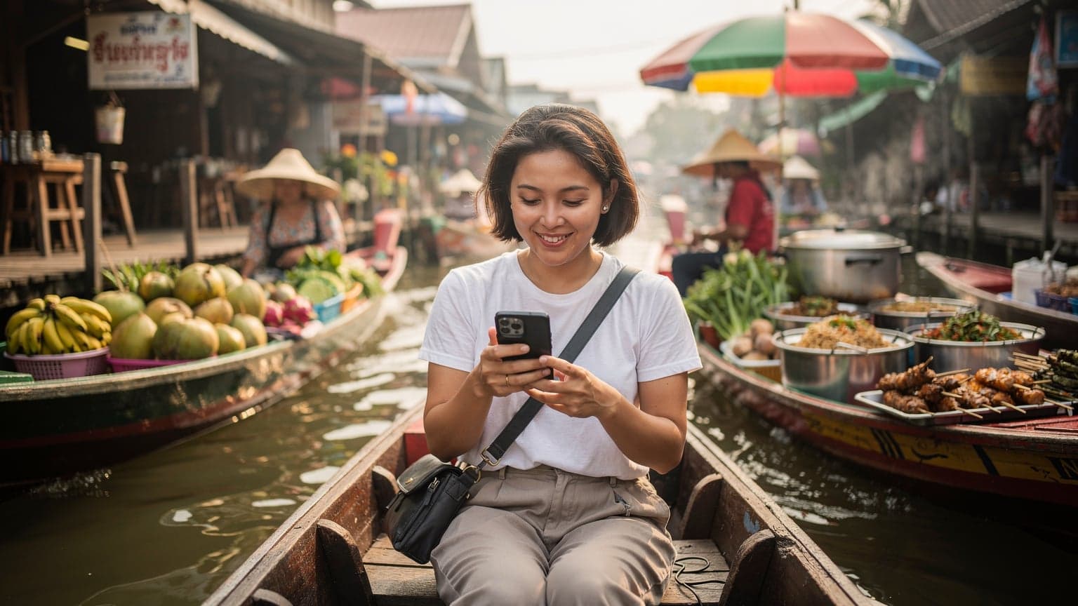 Une voyageuse souriante, téléphone à la main, naviguant sur les marchés flottants colorés de Damnoen Saduak, Thaïlande, avec des bateaux traditionnels et des étals de fruits exotiques en arrière-plan.