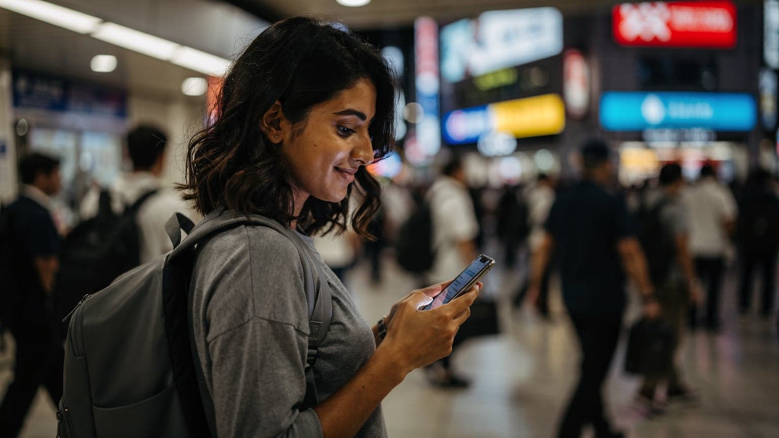 Tokyo'da yoğun bir tren istasyonunda, bir kadın akıllı telefonunda Cellesim uygulamasını kontrol ederken gülümsüyor, arka planda Shinjuku'nun kalabalık sokakları ve dijital reklam panoları görünüyor.