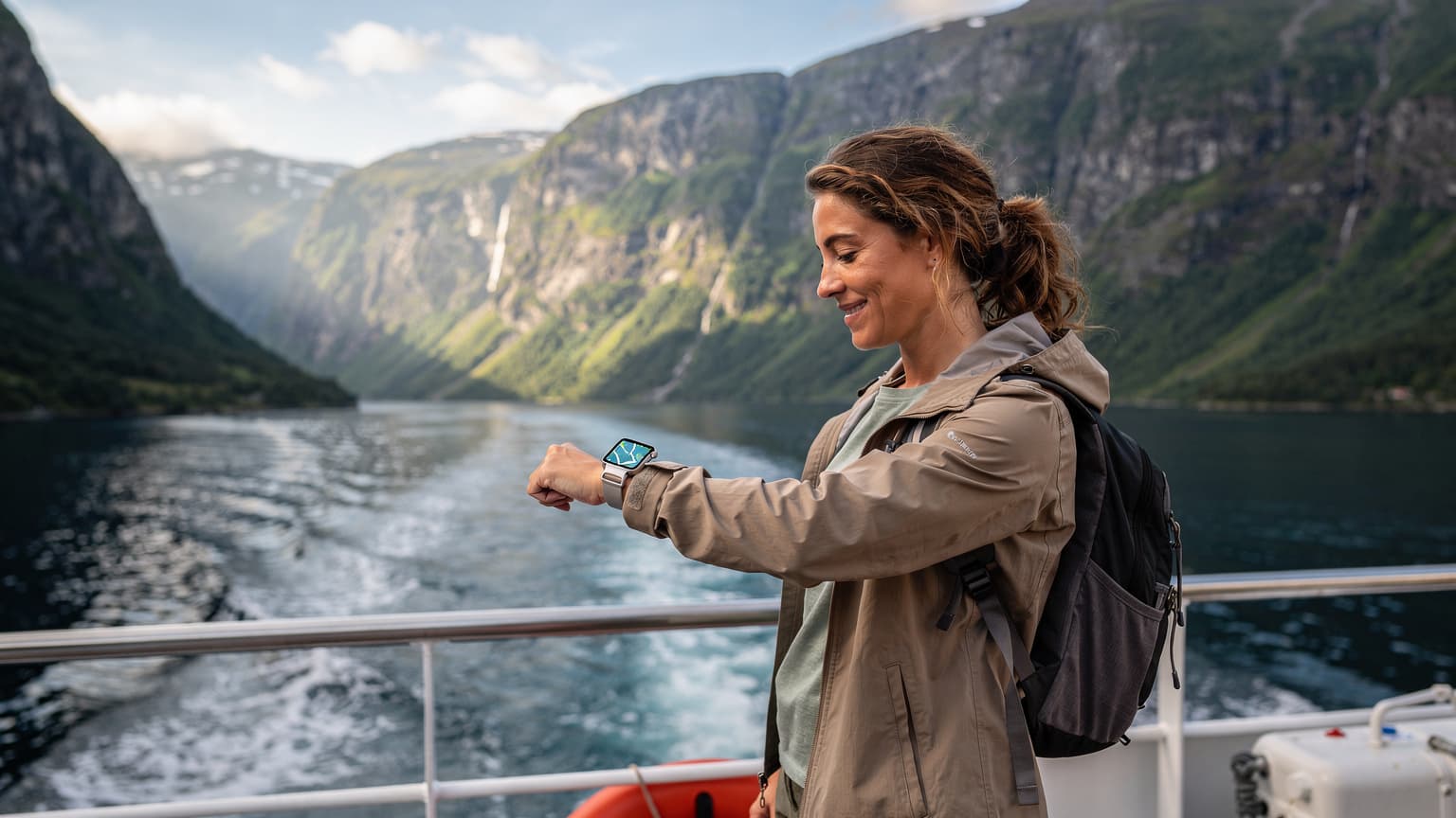 En kvinne sjekker kartet på sin Apple Watch mens hun står på en ferge som krysser Geirangerfjorden i Norge, med majestetiske fjell i bakgrunnen.