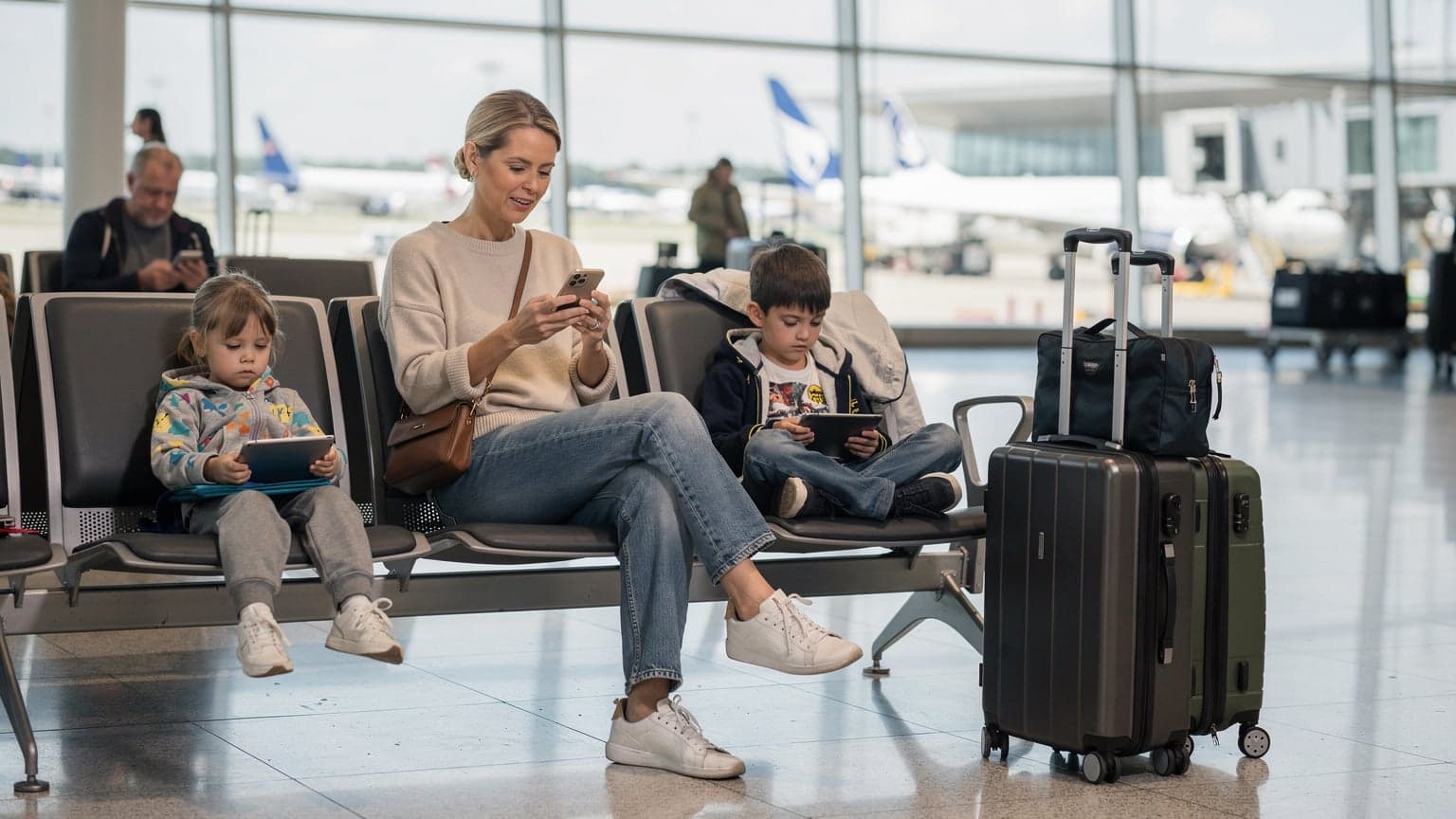 A mother calmly setting up her phone's eSIM at a bustling international airport gate in London, with her two children engrossed in their tablets nearby.