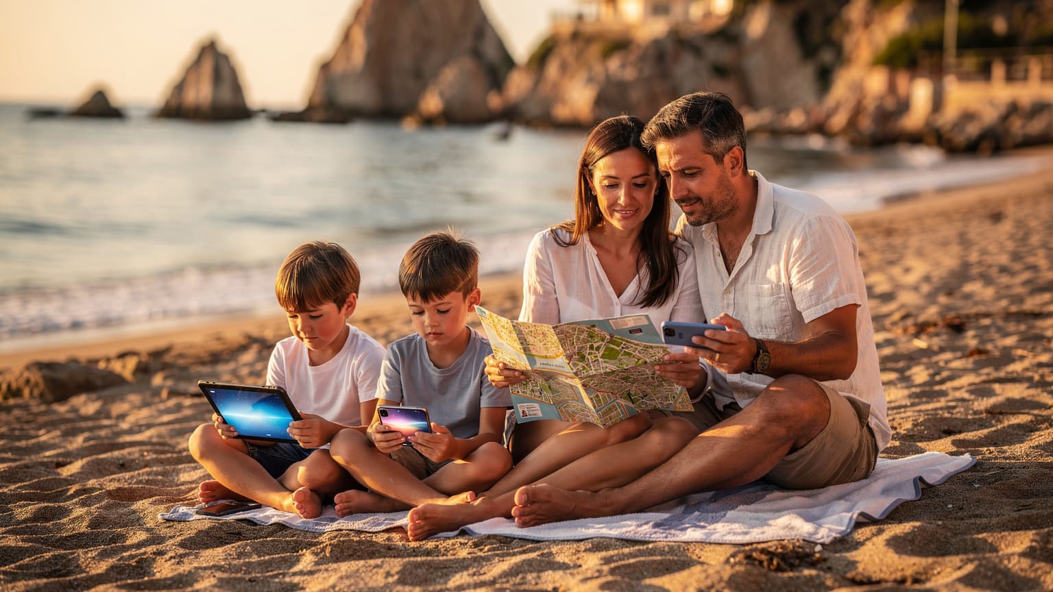 Una familia con dos niños (de unos 7 y 10 años) sentada en la arena de una playa en la Costa Brava, cerca de Tossa de Mar, viendo tabletas y móviles mientras los padres revisan un mapa turístico y un teléfono con una eSIM activa. El sol de la tarde ilumina la escena suavemente.