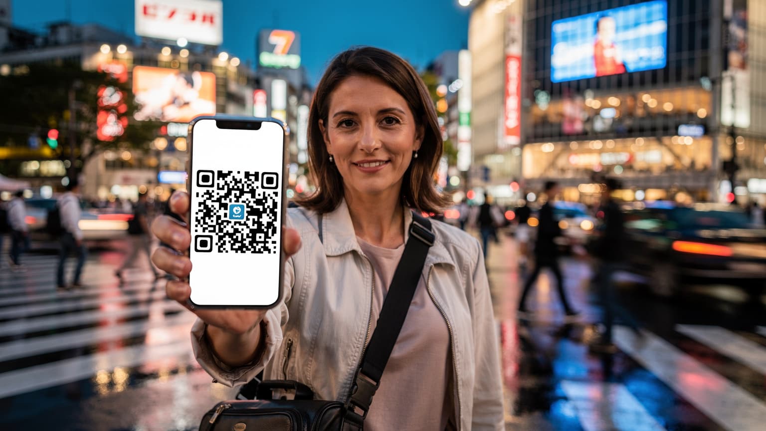 A woman confidently holds her smartphone up, displaying a QR code, while standing in front of the bustling Shibuya Crossing in Tokyo, Japan, with neon signs illuminating the background.
