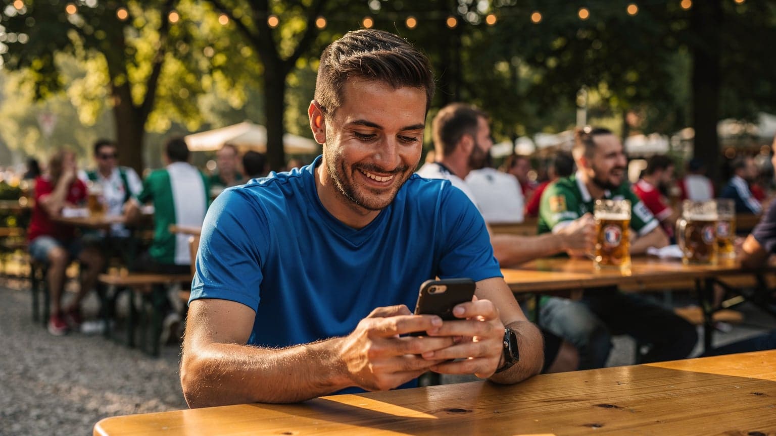 Un tifoso italiano sorridente con la maglia azzurra, seduto in un biergarten affollato di Monaco di Baviera, controlla il suo smartphone per i risultati delle partite, con un boccale di birra sul tavolo.