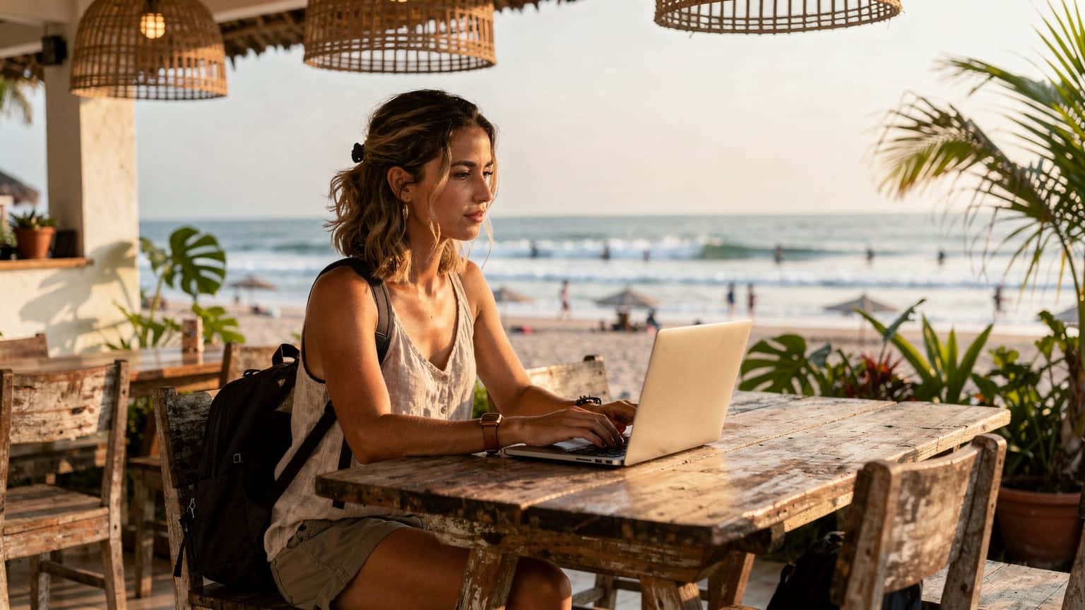 Seorang backpacker wanita muda sedang duduk di sebuah kafe pinggir pantai di Canggu, Bali, menatap laptopnya dengan pemandangan laut biru di latar belakang.