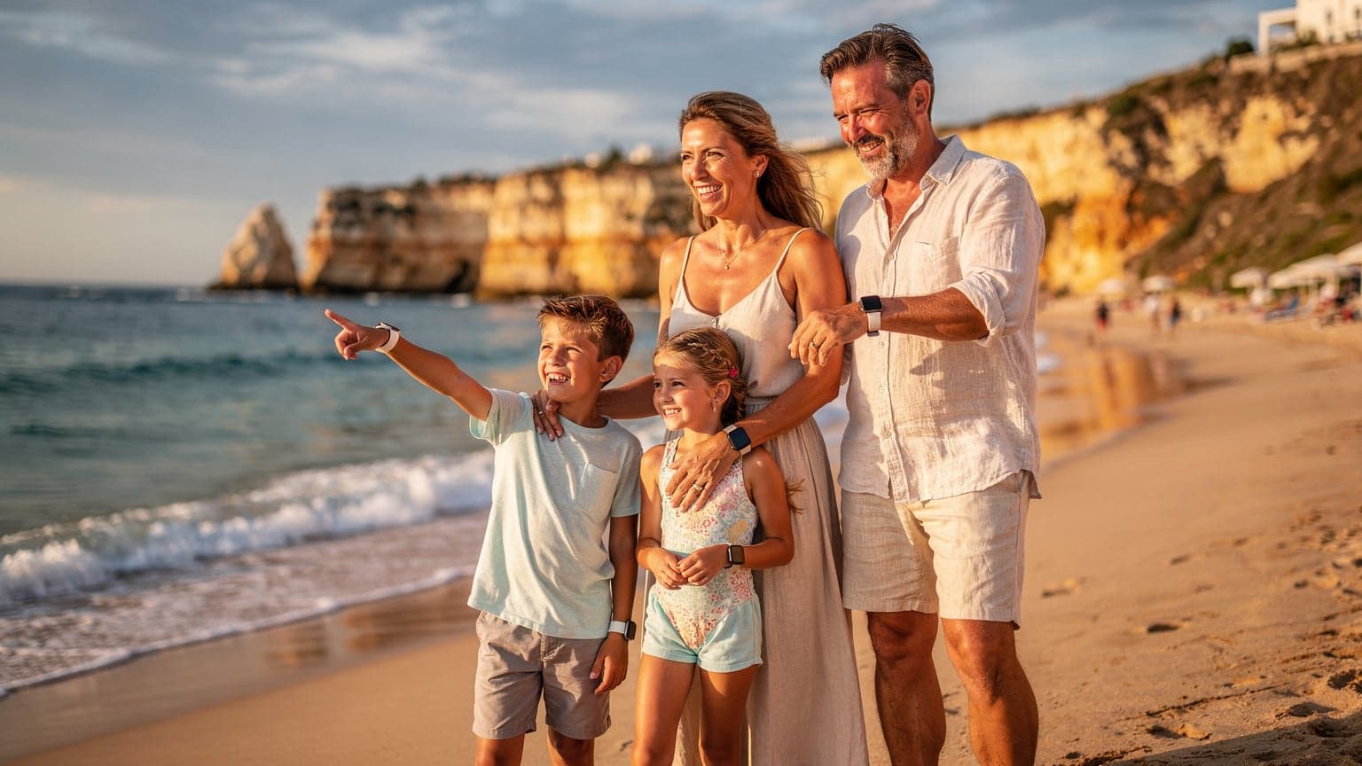 Eine Familie mit zwei Kindern, alle tragen Apple Watches, lacht an einem sonnigen Strandabschnitt in Portugal, während die Eltern auf ihre Uhren schauen.