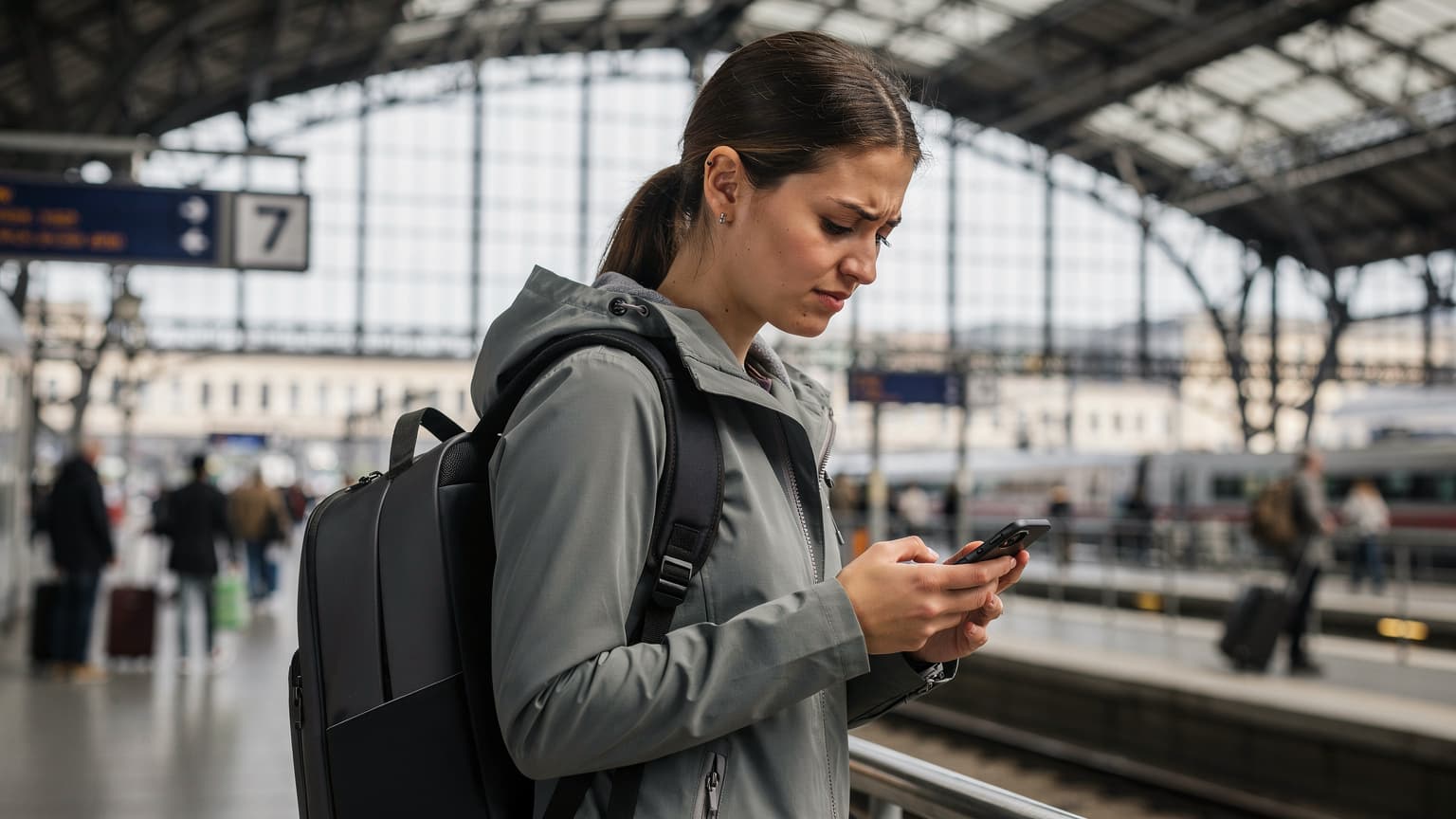 A traveler looking at their phone with a thoughtful expression while sitting in a bustling train station concourse in Berlin, Germany.