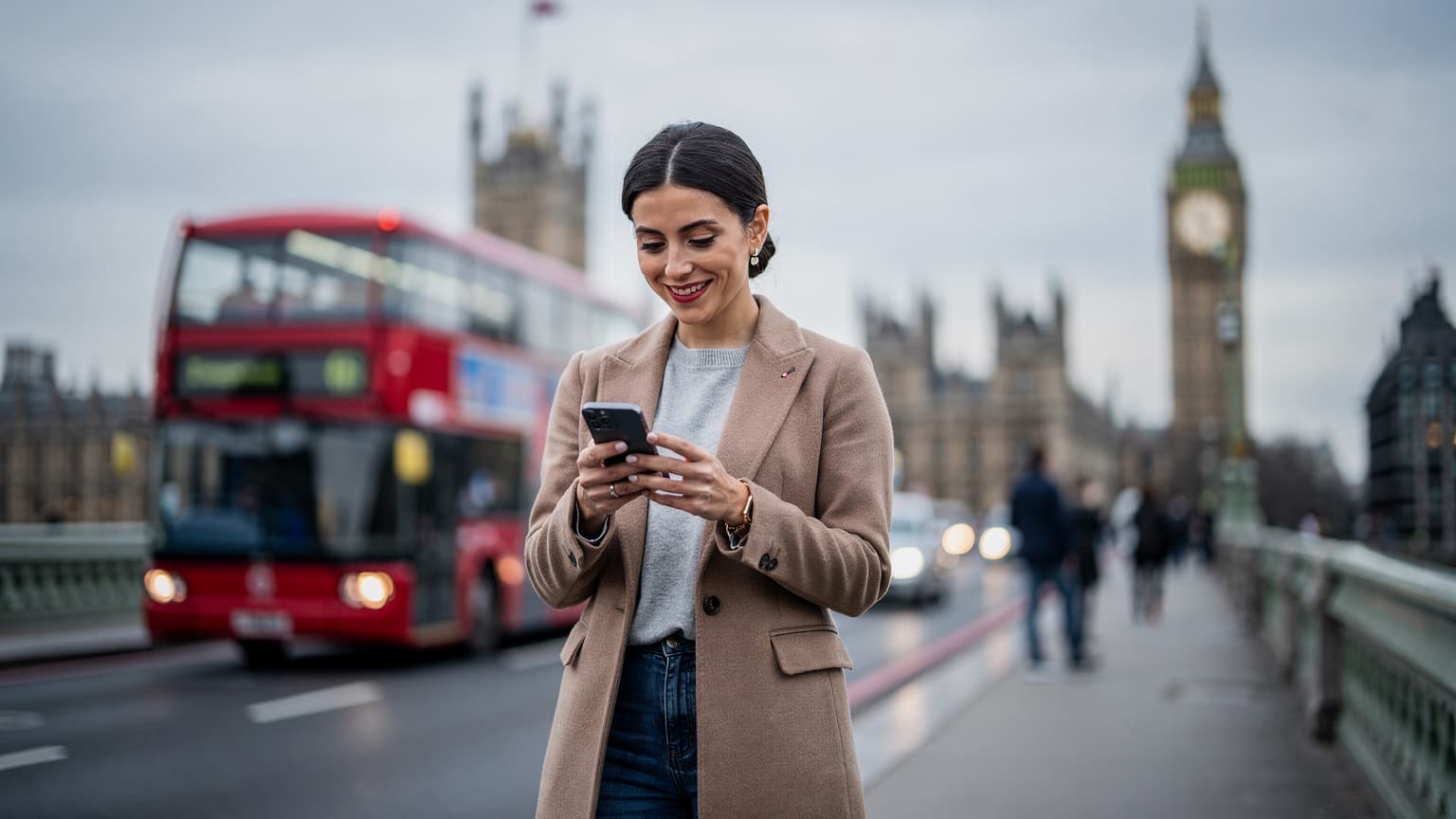 Una donna sorride mentre consulta il suo smartphone con un tipico autobus rosso a due piani di Londra sullo sfondo e il Big Ben parzialmente visibile.