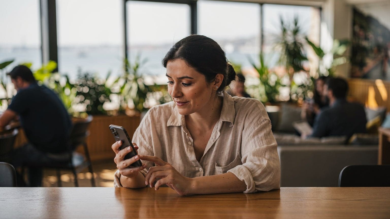 A digital nomad sits at a wooden table in a busy co-working space in Lisbon's Cais do Sodré district, checking her iPhone for eSIM activation status with a cup of coffee and a notebook nearby.