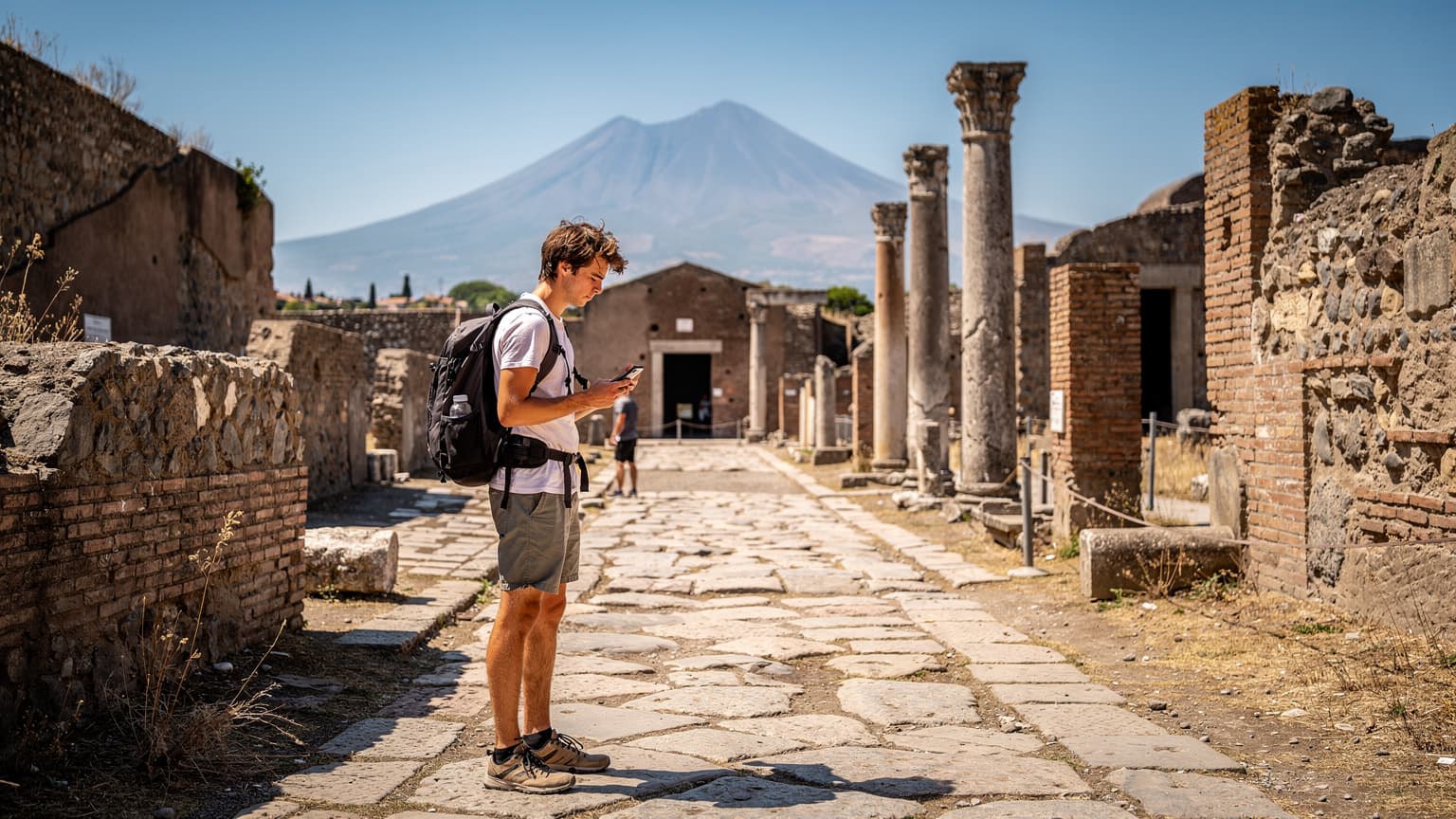 Ένας νεαρός backpacker κοιτάζει την οθόνη του τηλεφώνου του, με το ηφαίστειο του Βεζούβιου να διαγράφεται στο βάθος, πάνω από τα ερείπια της Πομπηίας.
