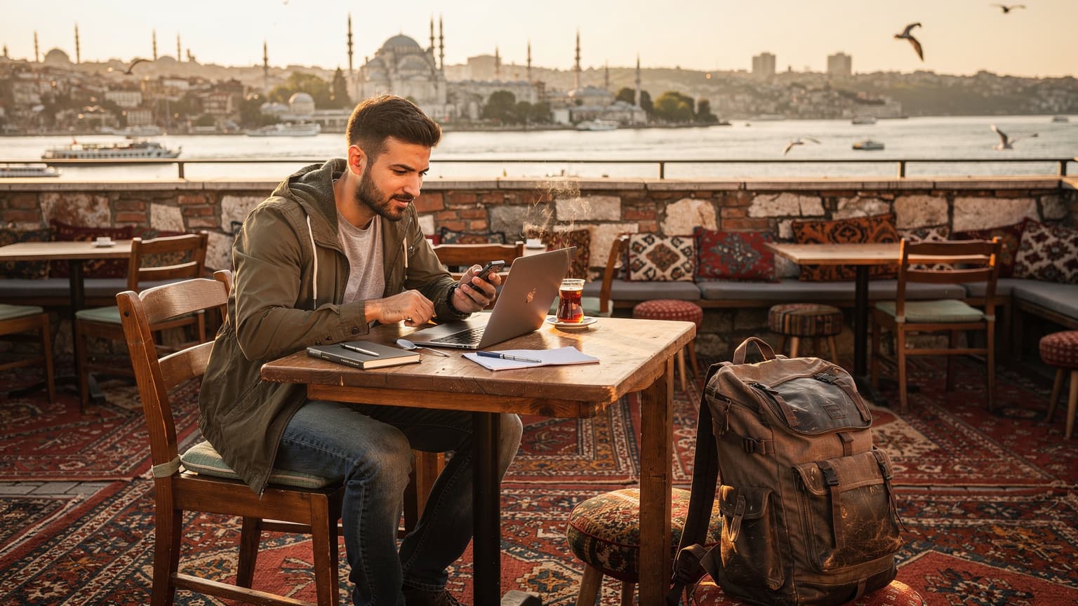İstanbul'da tarihi yarımada manzaralı bir kafede, genç bir sırt çantalı gezgin dizüstü bilgisayarında ve telefonunda eSIM uygulamalarını incelerken gülümsüyor.