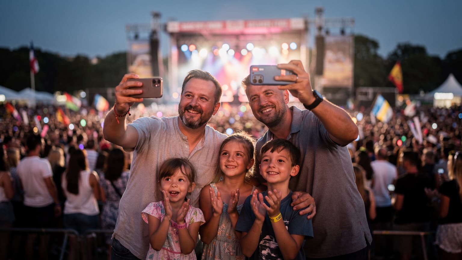 O familie zâmbitoare, părinți și doi copii (vârste 8 și 11 ani), se bucură de un concert în aer liber la Festivalul Sziget din Budapesta, Ungaria, cu mii de oameni în fundal și o scenă luminată. Părinții țin în mână telefoane cu ecranul luminos.