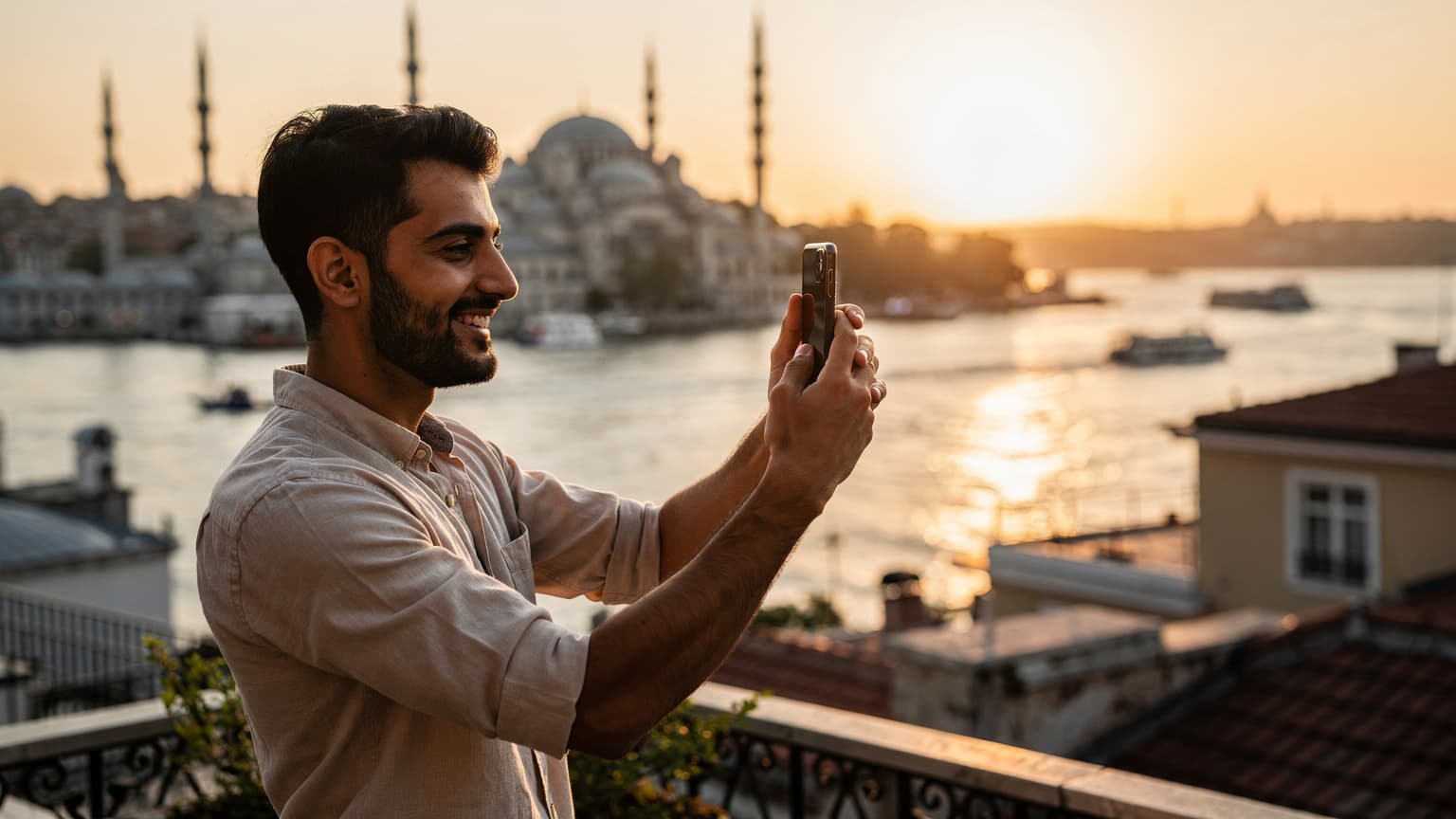 شاب عربي يبتسم ويحمل هاتفه الذكي وهو يلتقط صورة بانورامية لمضيق البوسفور في إسطنبول عند غروب الشمس، تظهر المساجد التاريخية على الجانب الأوروبي.