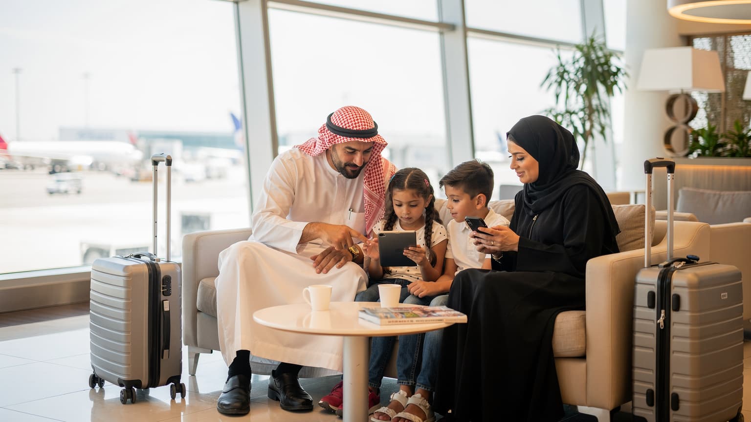 عائلة عربية تستخدم هواتفها الذكية في مطار حديث، الأب يساعد ابنته على ضبط إعدادات جهازها اللوحي بينما الأم تتصفح هاتفها، أمتعة سفر فاخرة بجانبهم.