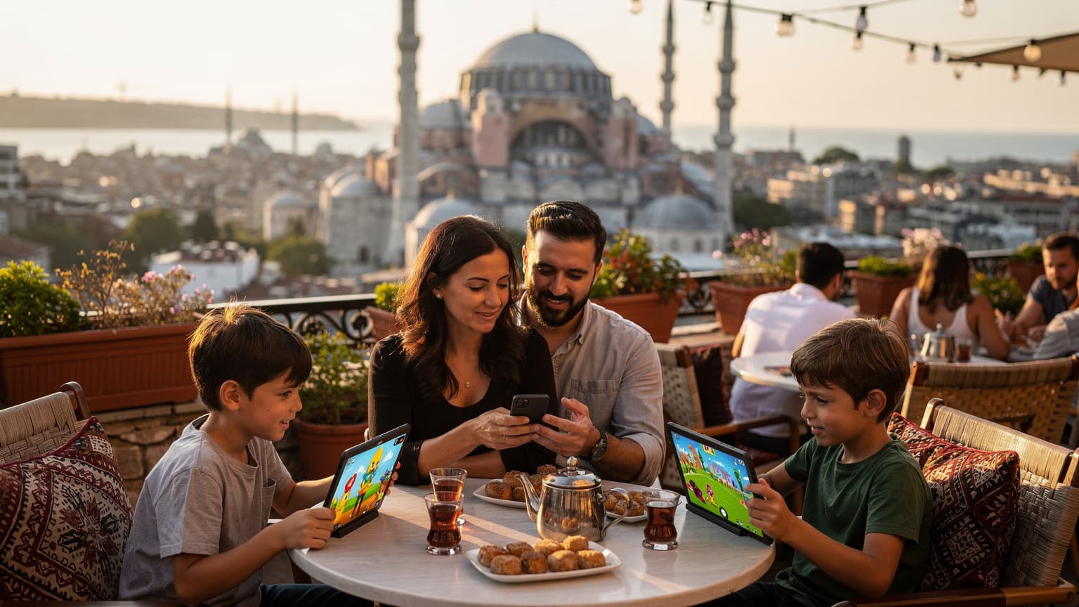 İstanbul'da tarihi Yarımada'nın silüetine karşı, Boğaz'ı seyreden bir aile, çocukları ellerinde tabletleriyle gülerken babaları telefonundan bir şeyler kontrol ediyor.