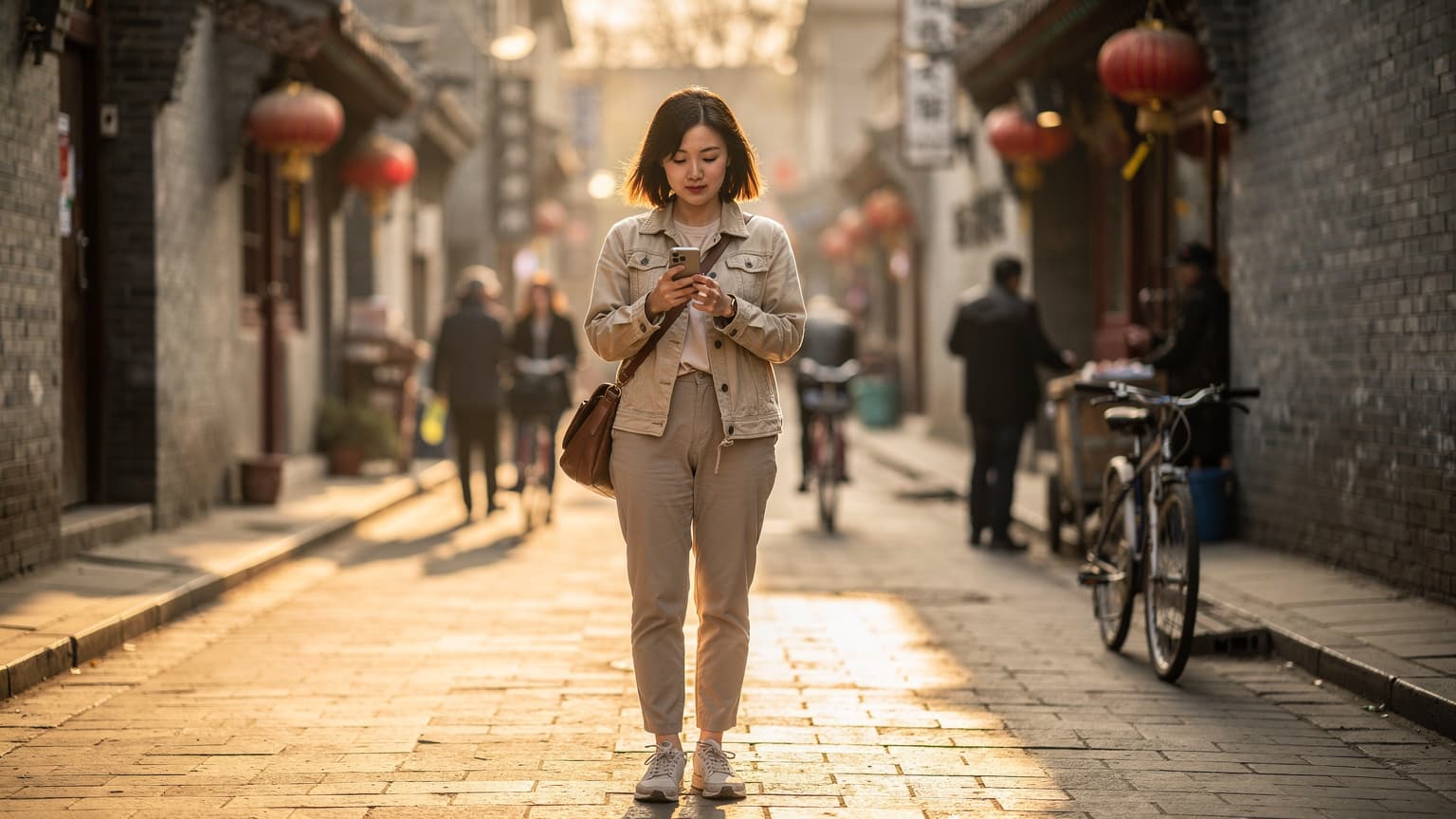 北京の活気ある胡同を背景に、スマートフォンを操作する日本人旅行者。伝統的な建築と現代のテクノロジーが融合した風景。