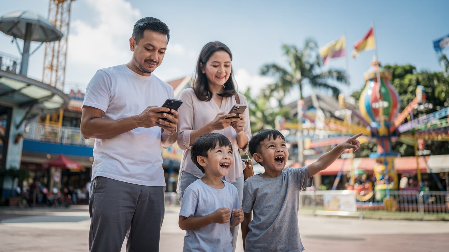 Keluarga Malaysia sedang berseronok di sebuah taman tema di Kuala Lumpur, ibu bapa sedang melihat telefon pintar manakala anak-anak menikmati permainan.