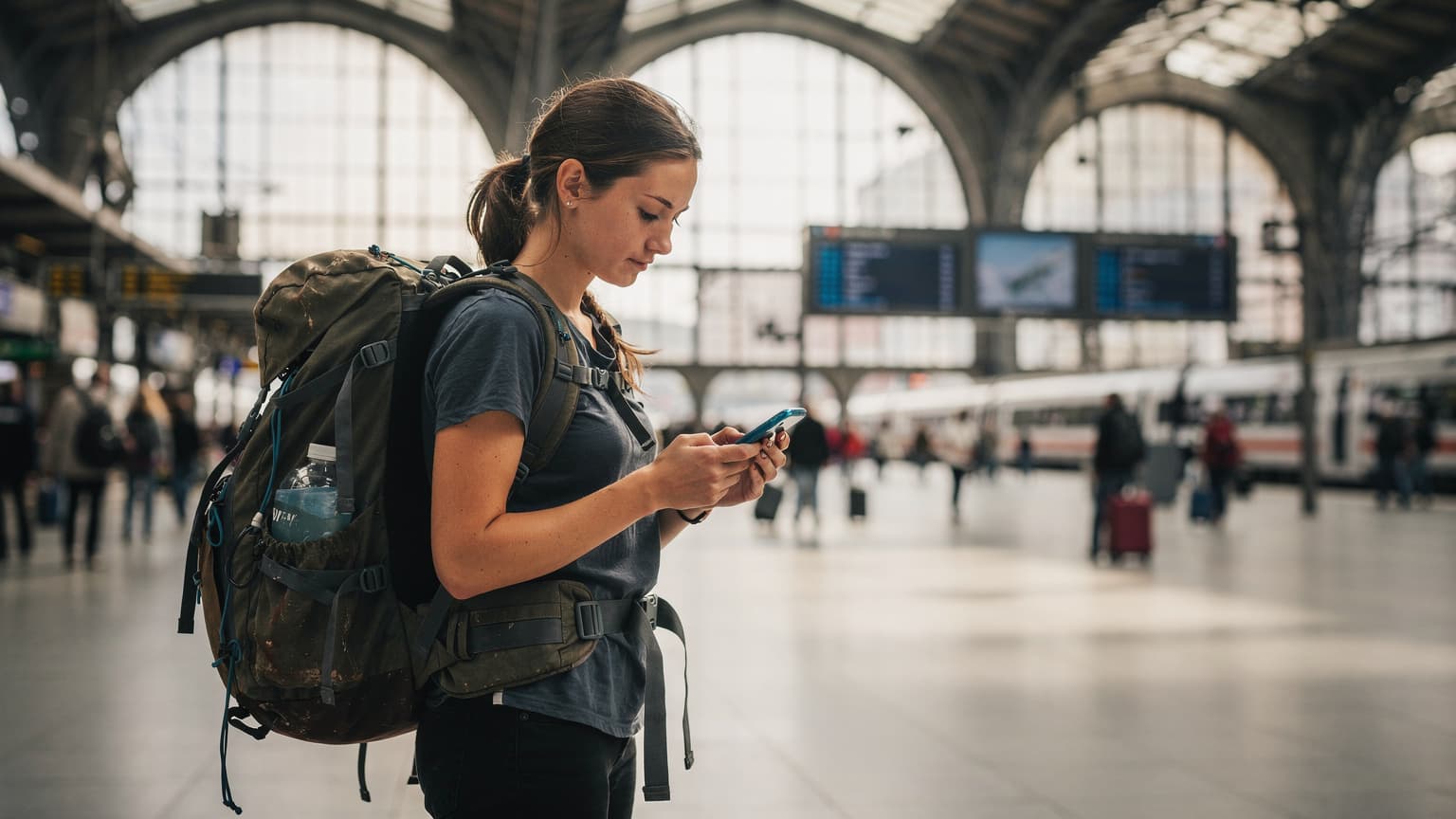 A young woman in a denim jacket, sitting on a worn wooden bench in a busy European train station, carefully examining her phone screen for eSIM trial details.