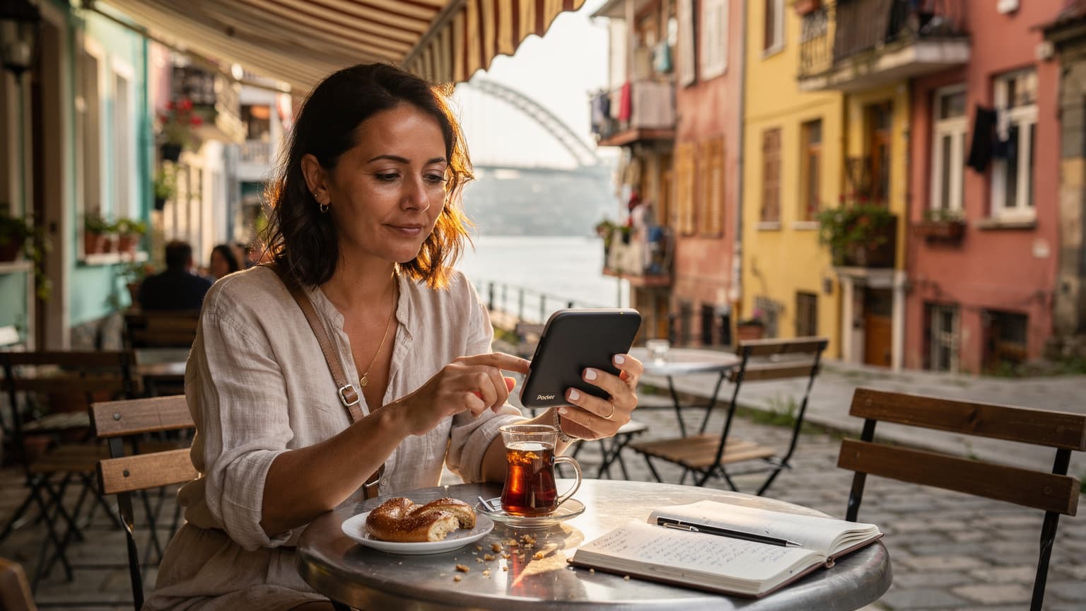 İstanbul Boğazı'na bakan bir kafede oturan, bir fincan çay içerken Pocket eSIM cihazını inceleyen bir gezgin.