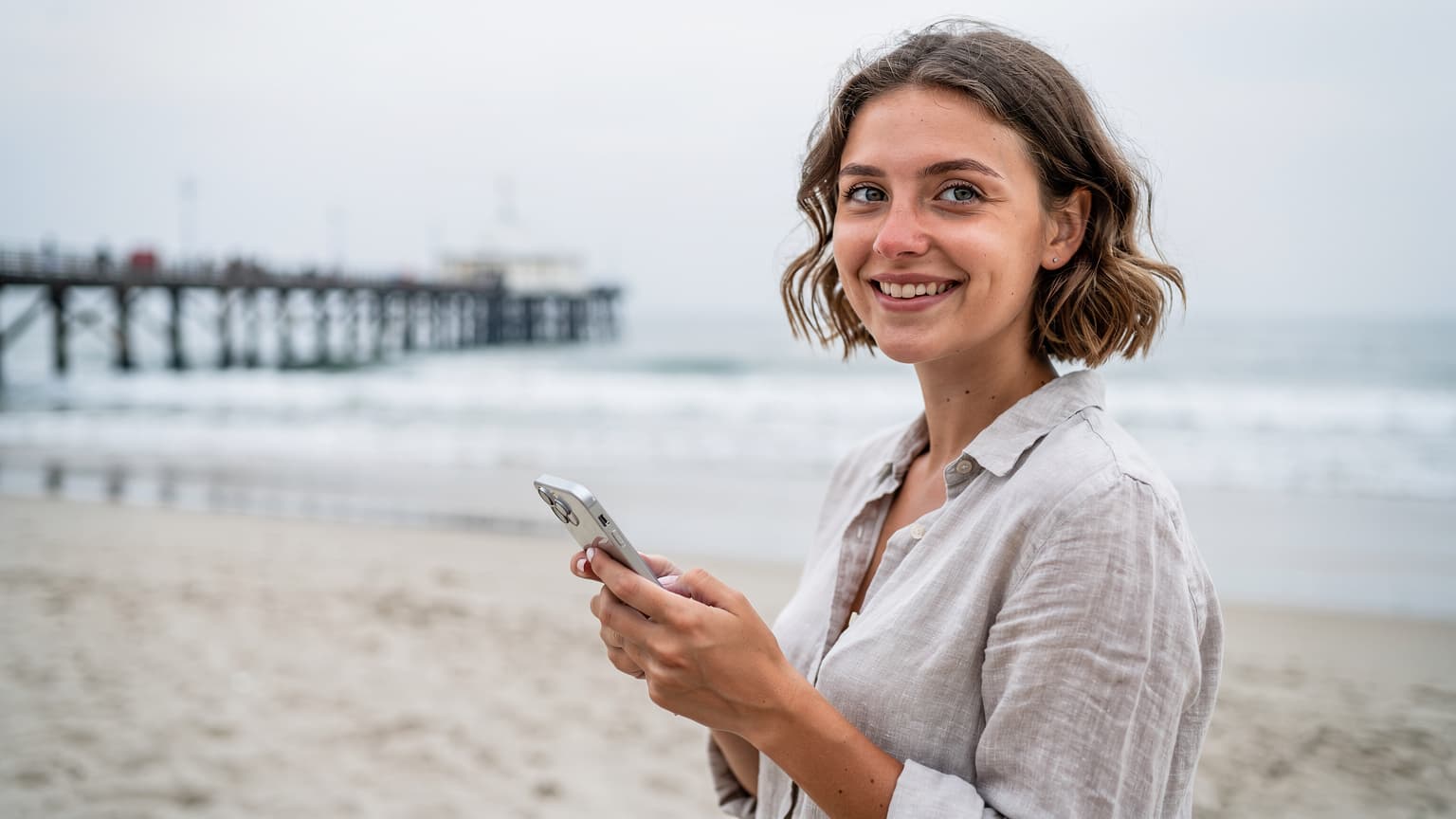Młoda kobieta uśmiecha się, trzymając smartfon z widokiem na piaszczystą plażę i fale Bałtyku w tle, w pobliżu molo w Sopocie, symbolizując swobodę połączenia.