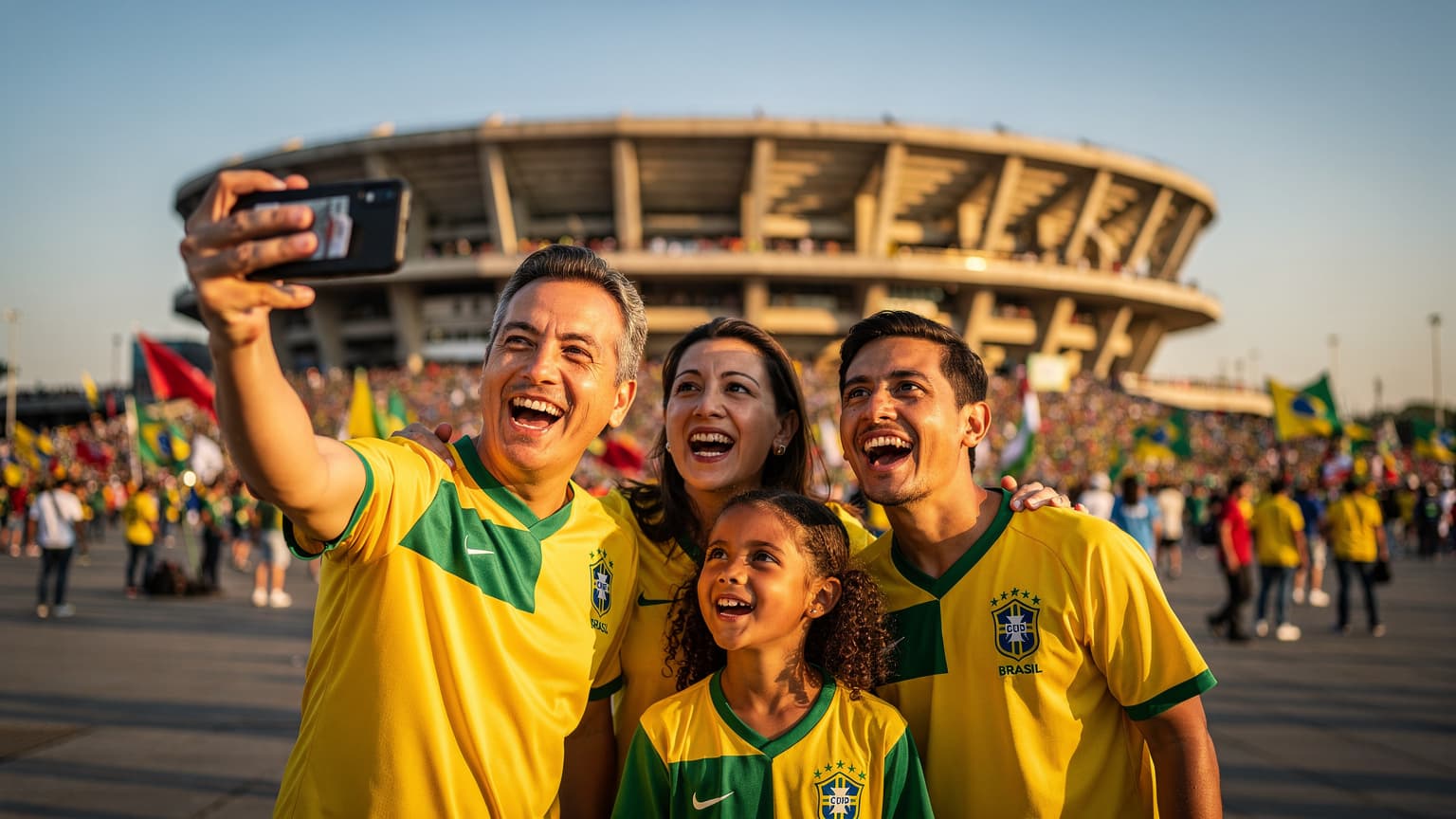 Uma família brasileira vibrando, vestindo camisetas da seleção, tirando uma selfie com o celular na mão em frente ao Estádio Azteca na Cidade do México, sob o sol da tarde.