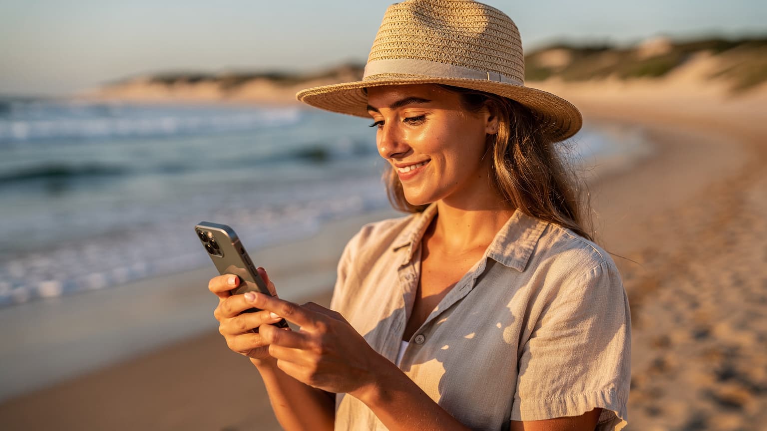 Uma mulher sorridente com um chapéu de sol, usando seu iPhone 18 na praia da Comporta, Portugal, com o oceano ao fundo.
