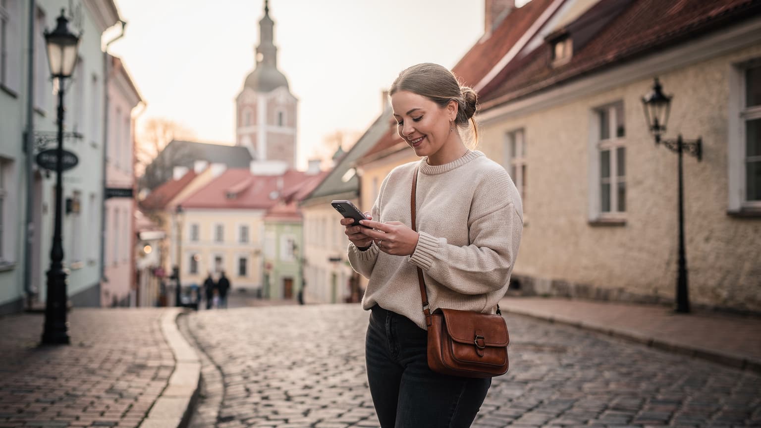 Kobieta korzystająca z telefonu z eSIM na tle malowniczej starówki Tallina, z widocznym dachem i wieżą kościoła, w ciepłym, porannym świetle.