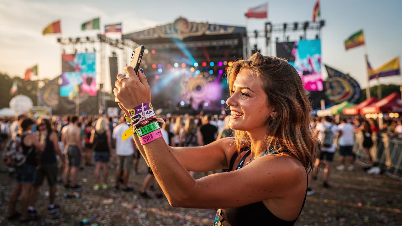 Een jonge vrouw met een festivalbandje om haar pols, lachend terwijl ze haar telefoon omhoog houdt om een foto te maken van een podium op een druk Europees muziekfestival bij zonsondergang.
