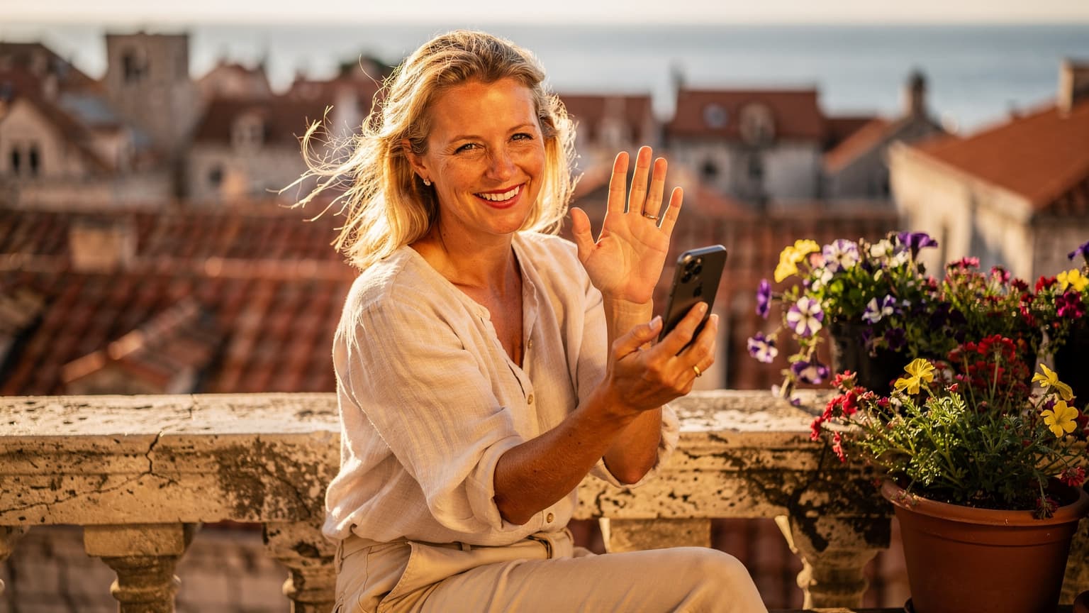En kvinna sitter på en balkong i Dubrovniks Gamla stad, håller en smartphone och ler medan hon videosamtalar med sin familj i Sverige under midsommar.
