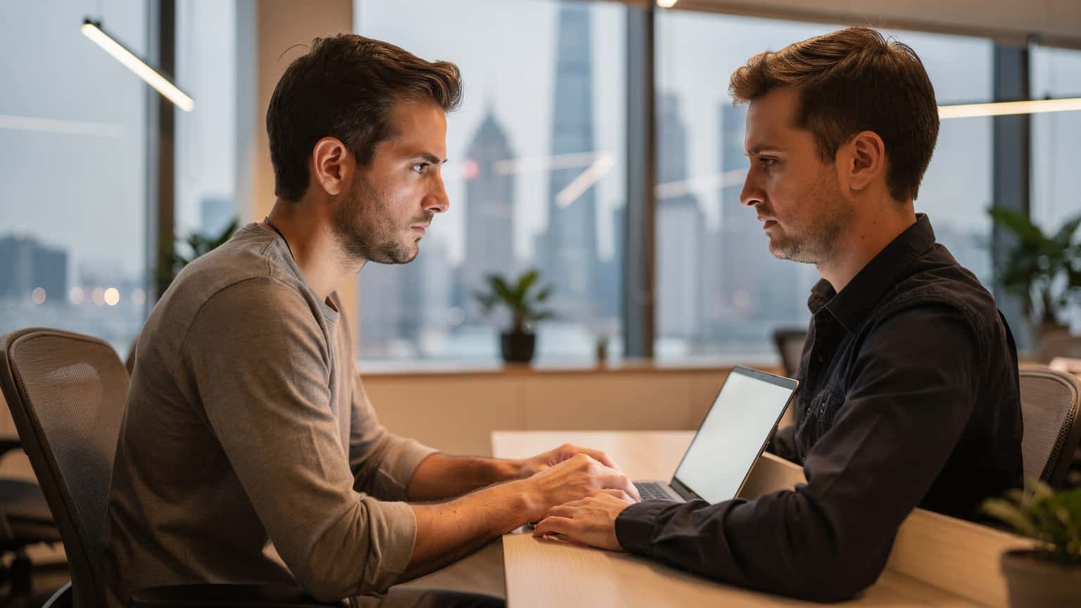 Un viaggiatore digitale italiano, Matteo Romano, lavora al suo laptop in un moderno coworking space a Shanghai, con la skyline urbana visibile attraverso una grande finestra, usando una eSIM per la connessione.