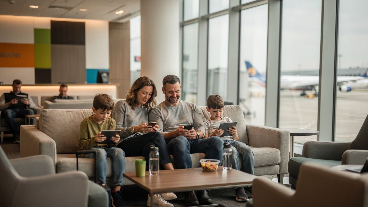 A family of four, parents and two children, sitting in a bustling international airport lounge, looking at their phones and tablets, with luggage beside them.