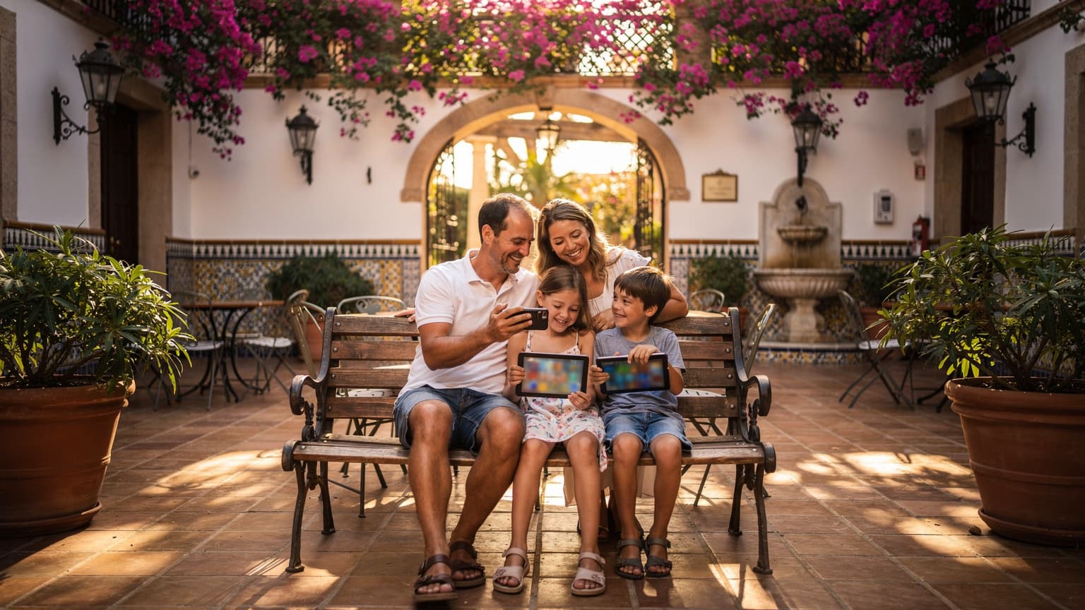Een gezin, bestaande uit een vader, moeder en twee kinderen van ongeveer 8 en 10 jaar oud, lachend terwijl ze op een bankje in een schaduwrijke binnenplaats van een hotel in Sevilla zitten. De vader houdt een smartphone vast met een eSIM-installatiescherm, terwijl de kinderen gefocust zijn op hun eigen tablets, mogelijk offline games spelend.