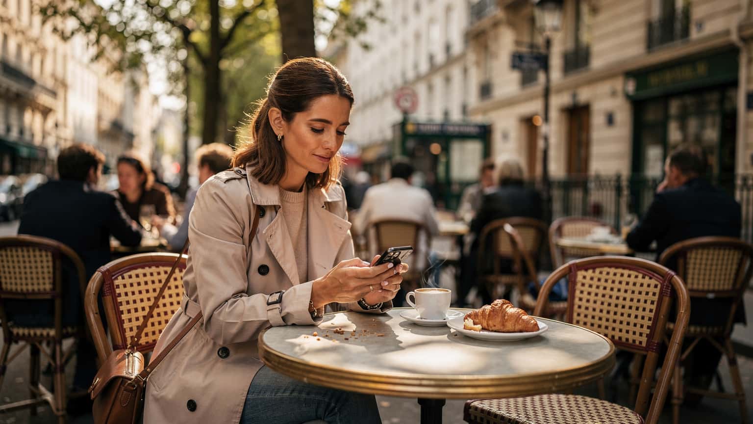 Une femme assise à la terrasse d'un café parisien typique, tenant son smartphone avec une carte eSIM affichée, un croissant et un café devant elle.