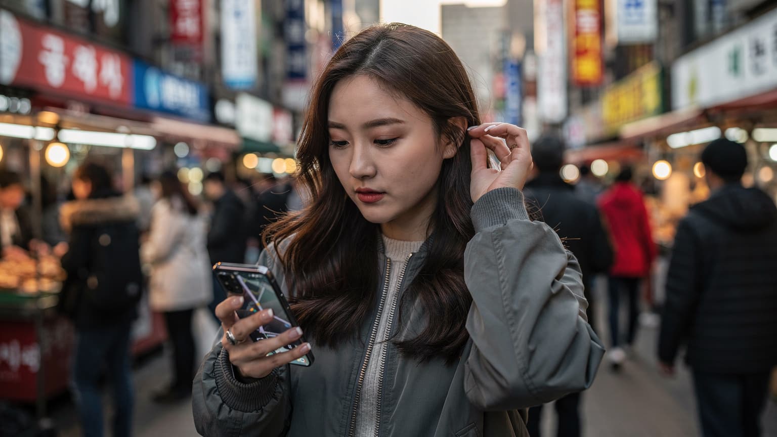 서울 명동 거리에서 한 여성이 갤럭시 S24 울트라를 들고 구글 지도를 확인하며 길을 찾고 있는 모습. 주변에는 한국어 간판과 바쁜 인파가 보인다.