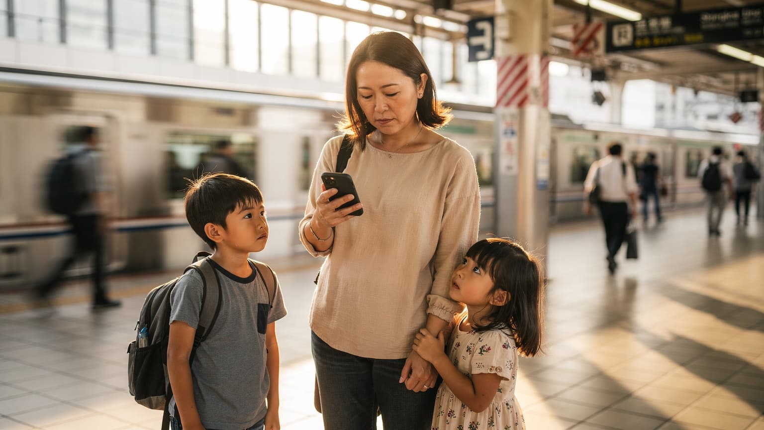 東京の新宿駅で、母親が4歳と8歳の子供たちと一緒にスマートフォンでeSIMの設定を確認している様子。夕暮れの光が差し込むホームで、電車の出発を待っている。