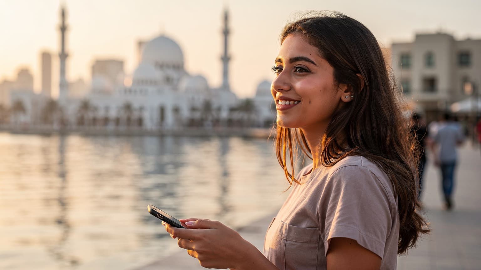 امرأة شابة تبتسم وتنظر إلى هاتفها الذكي أمام أفق المنامة الحديث، مع مسجد الفاتح الكبير في الخلفية عند الغروب، مما يعكس سهولة الاتصال في البحرين.
